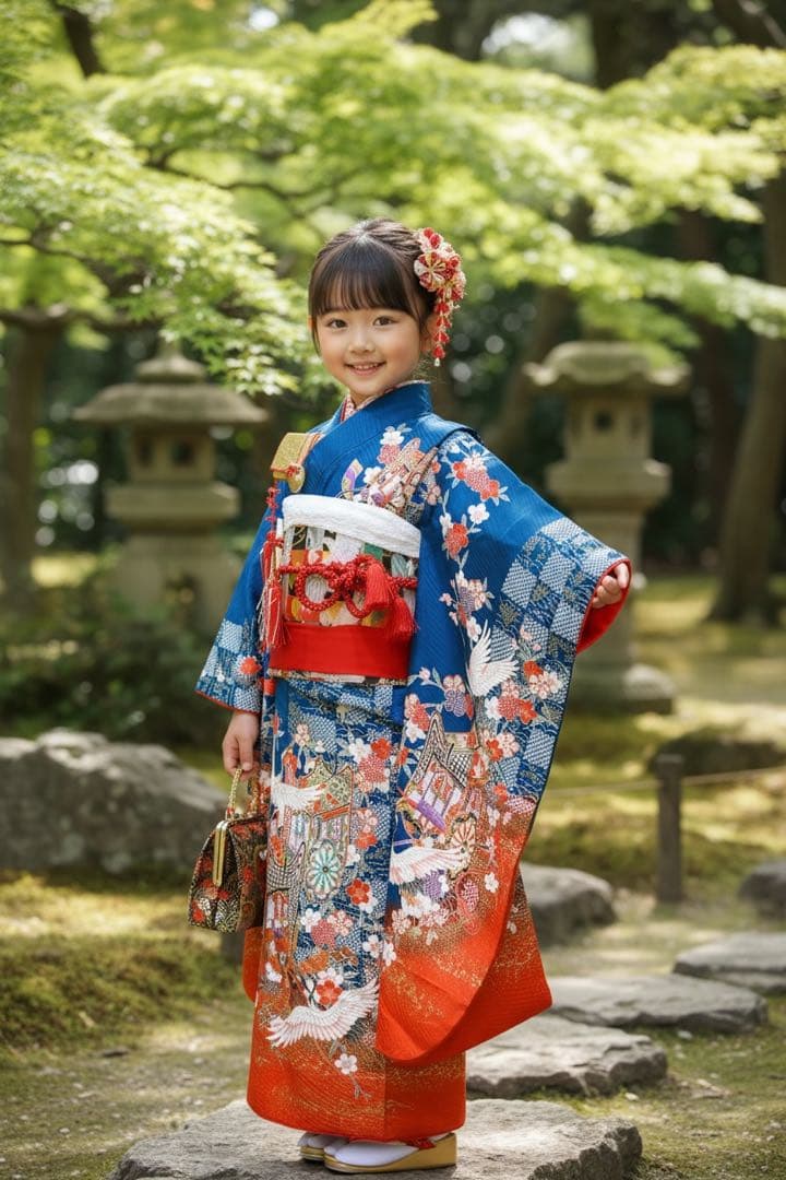 本格正絹着物♡七五三　7歳　女の子　フルセット　一式　藍色　鶴　古典柄