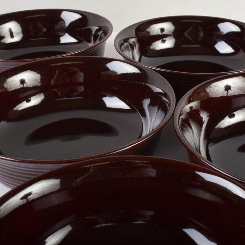 和食器　茶懐石　岡本漆専堂造　溜塗　呂久呂目鉢　五客　共箱　V　8935