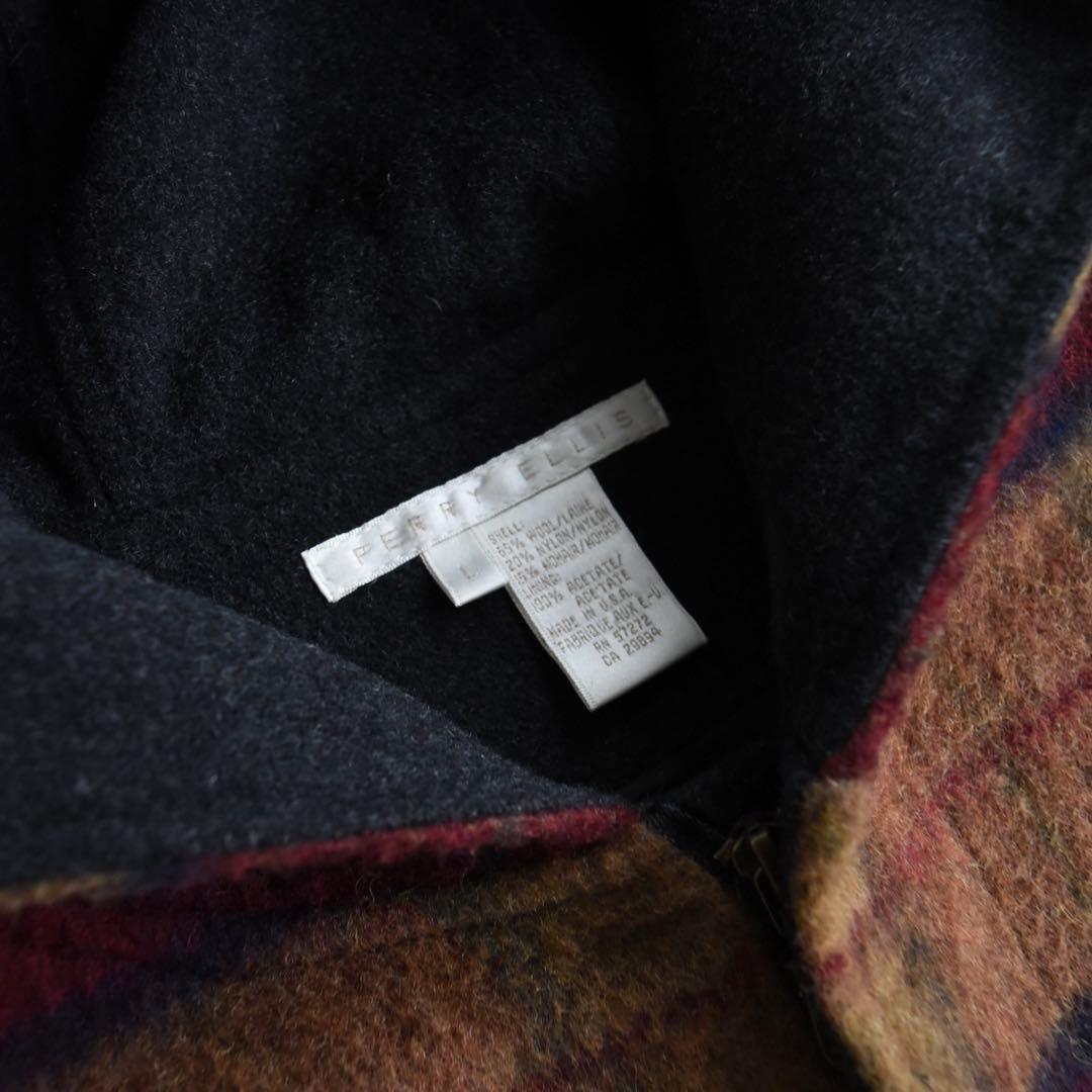 90s ペリーエリス チェック ウールモヘアコートUSA製 L レアヴィンテージ