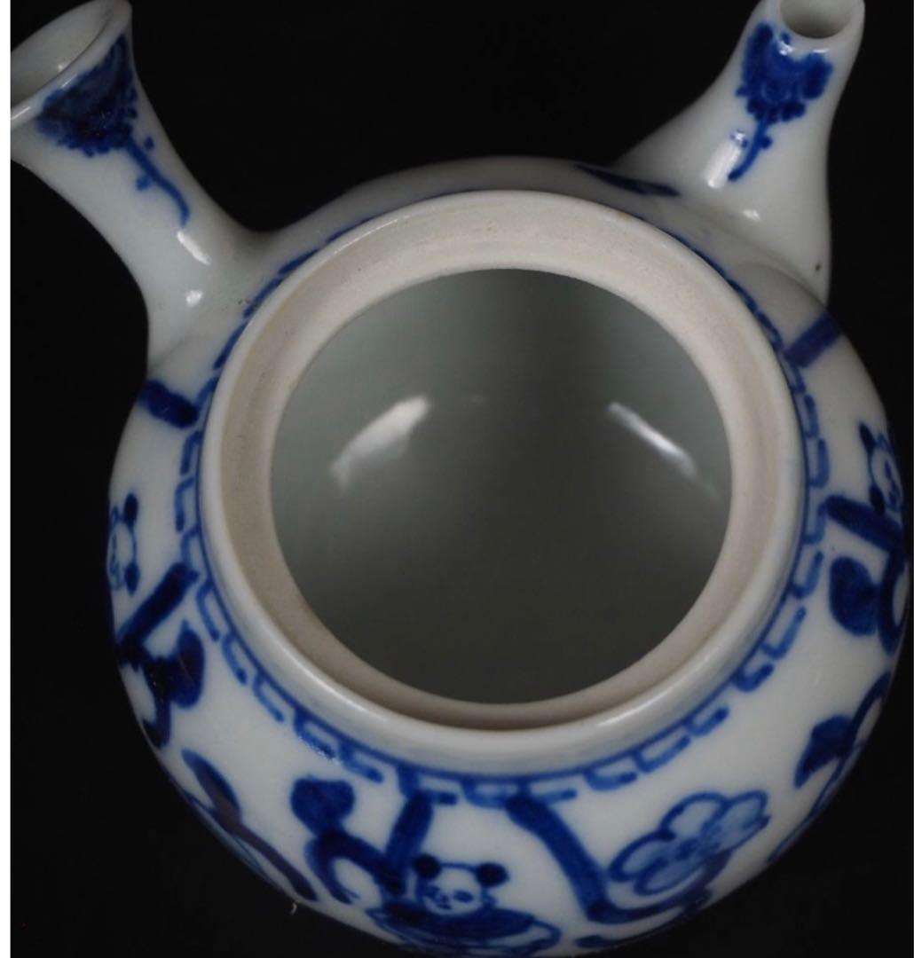 送料無料　大正時代唐子図青華急須　煎茶道具