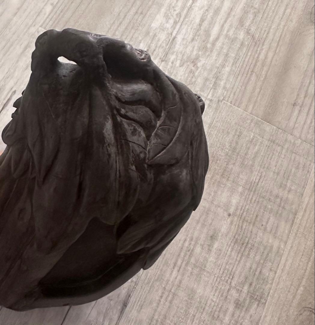 大バーゲンアンティークの茄子と裏に雲をあしらった彫刻硯 木製外