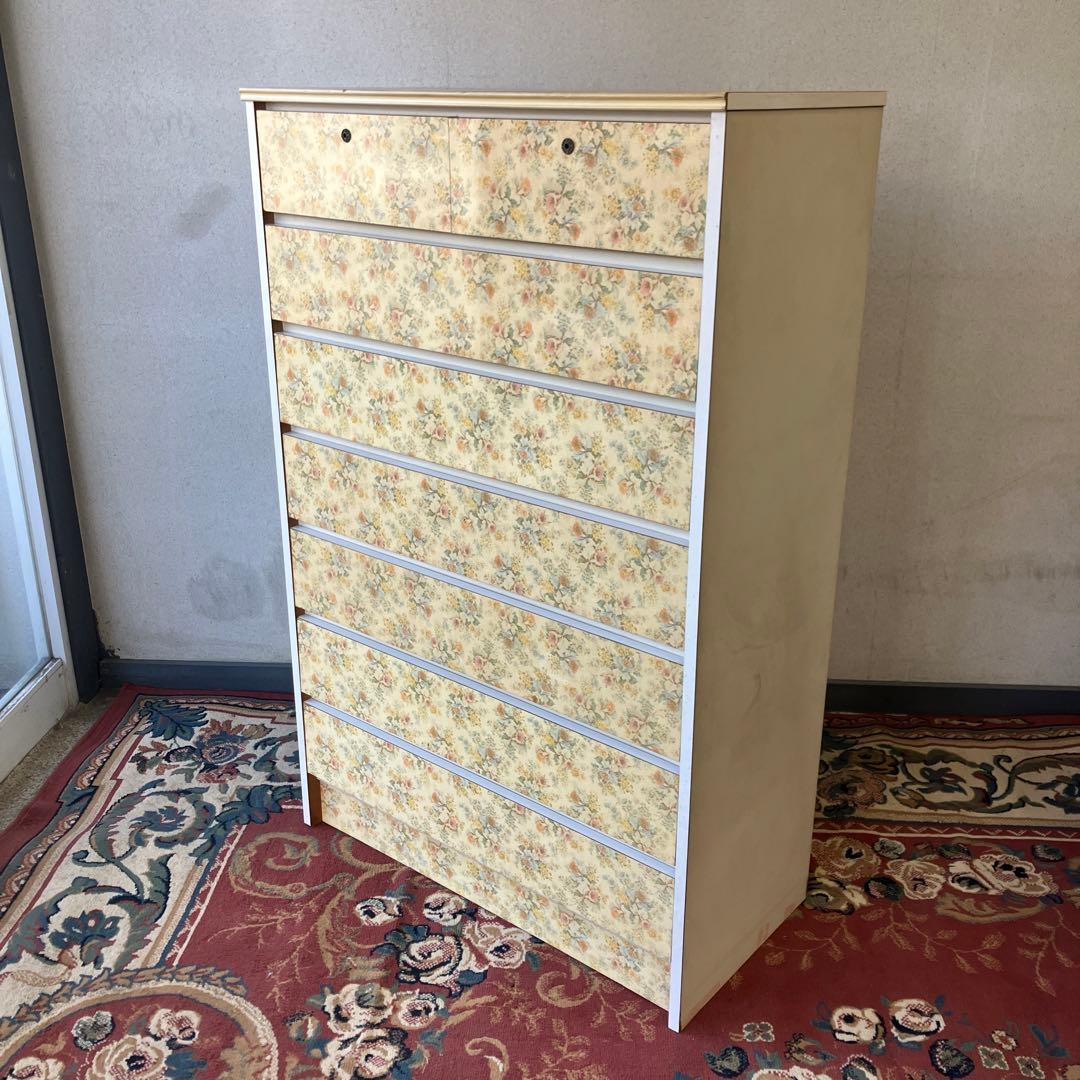 昭和レトロ 花柄 木製チェスト 7段タンス 古家具 ビンテージ