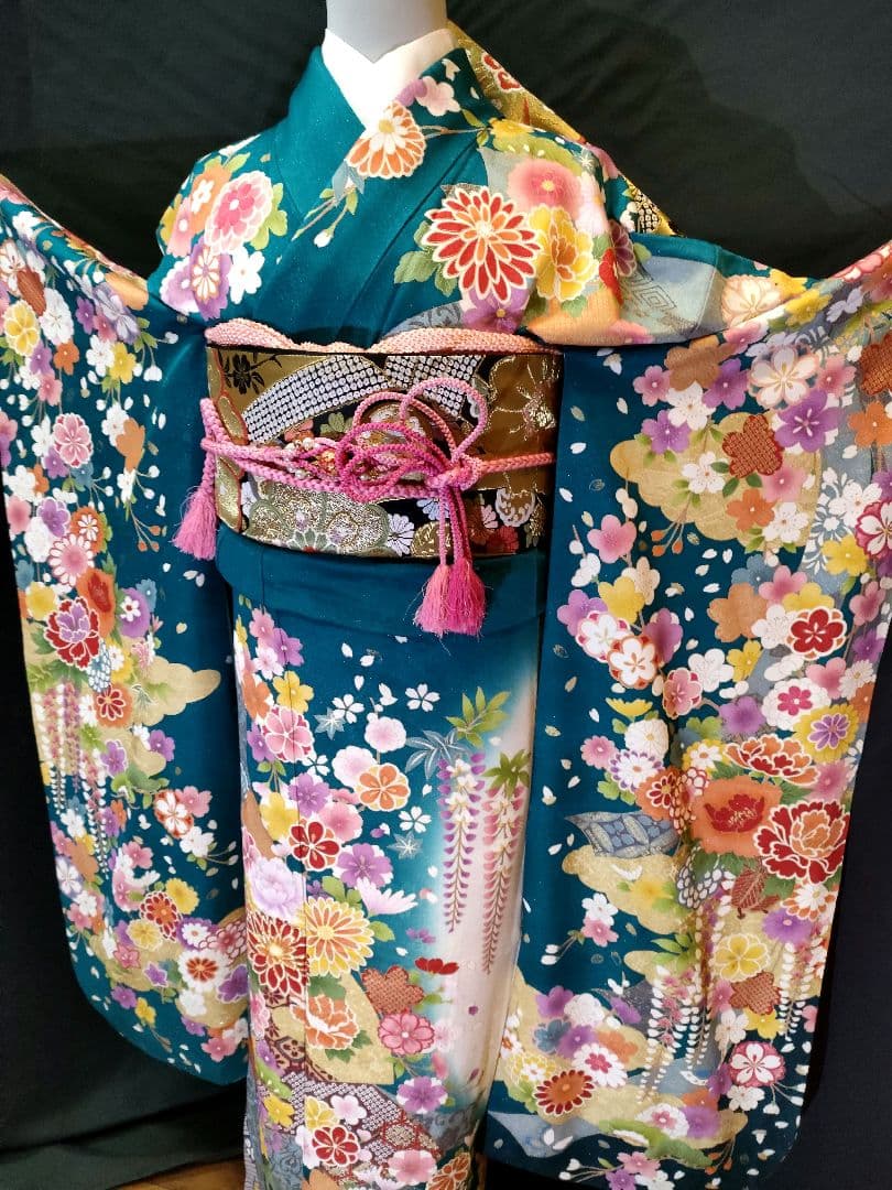 ☆3883☆ 振袖 襦袢付き 袷 クリーム色 花柄 レトロ品