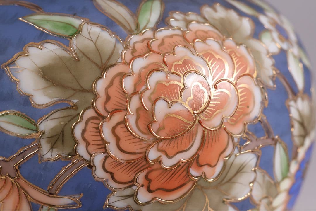 CM306】オールドノリタケ 草花 花瓶 高17.5cm 金彩 花入 青 明治