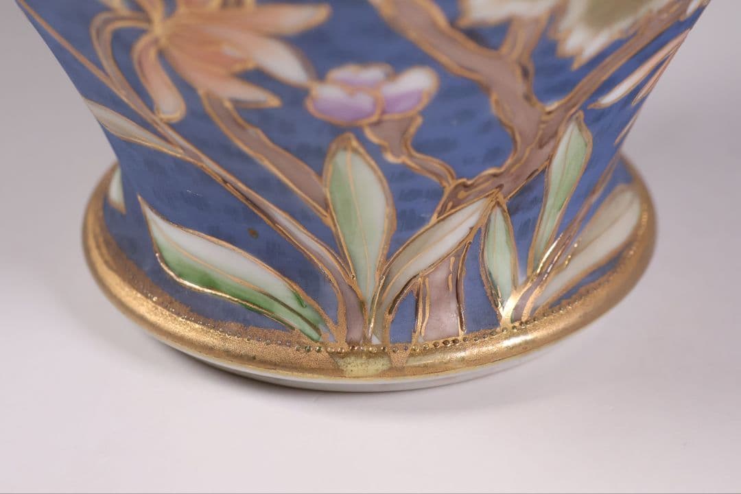 CM306】オールドノリタケ 草花 花瓶 高17.5cm 金彩 花入 青 明治