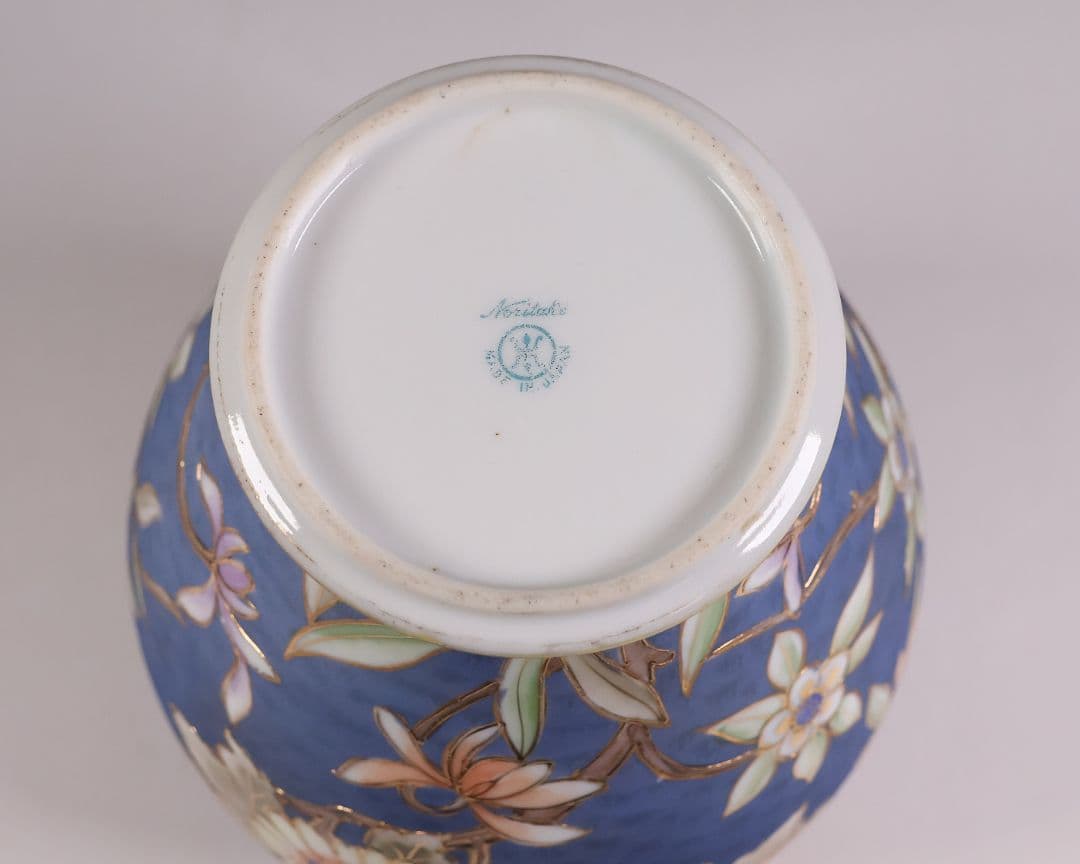 CM306】オールドノリタケ 草花 花瓶 高17.5cm 金彩 花入 青 明治