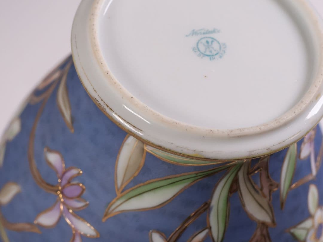 CM306】オールドノリタケ 草花 花瓶 高17.5cm 金彩 花入 青 明治