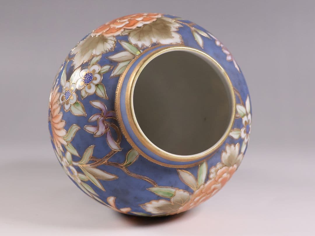 CM306】オールドノリタケ 草花 花瓶 高17.5cm 金彩 花入 青 明治