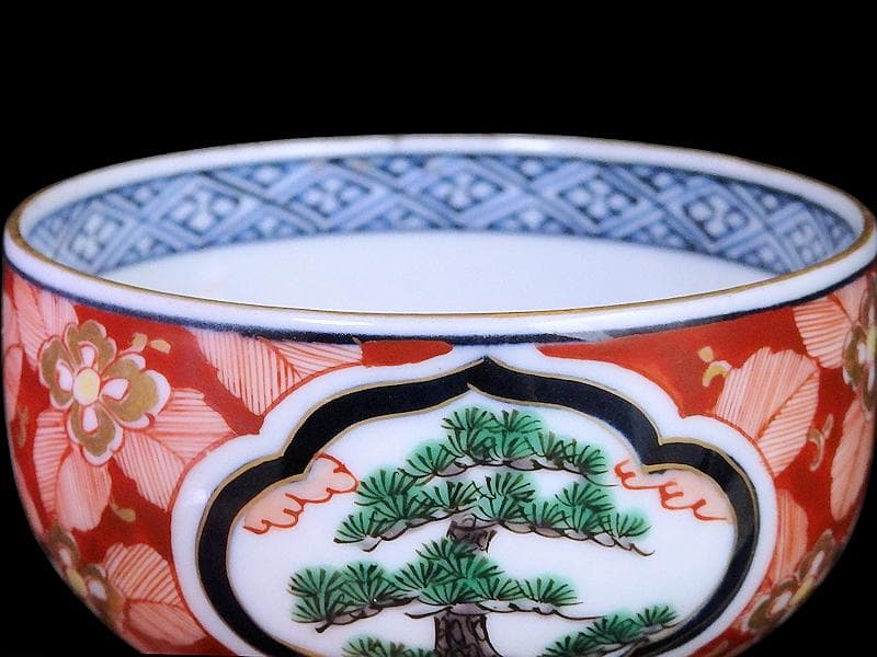 九谷　金襴手　窓絵　松竹梅の図　りん茶碗　湯呑　F336AS-fbul