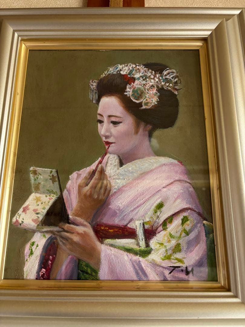 絵画「舞妓 紅をさす」洋画、油絵、3号宇野孝之、箱有り