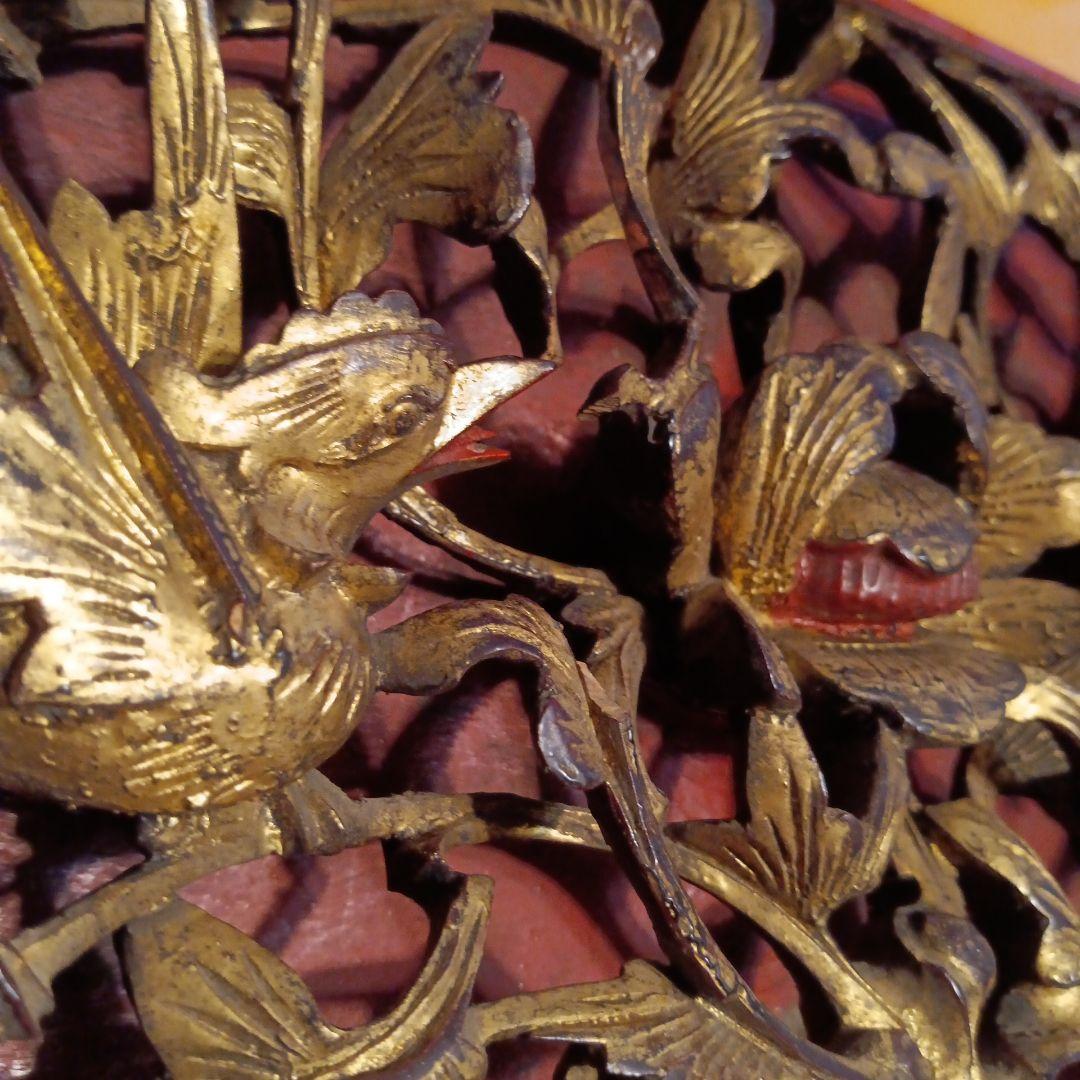 木彫工芸品 花鳥図 透かし彫り 金塗り オブジェ アンティークの通販は