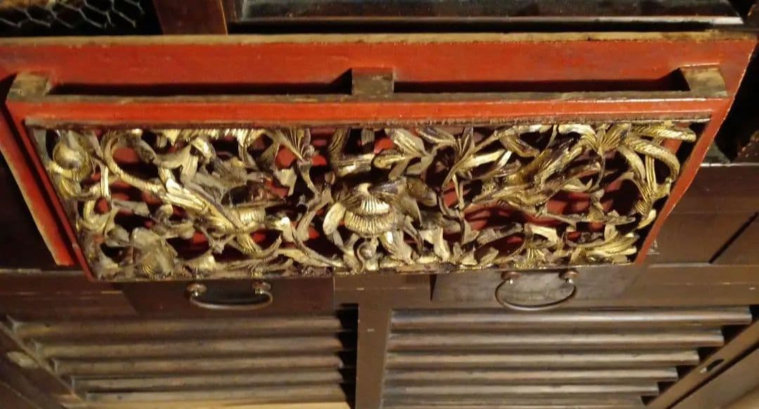 木彫工芸品 花鳥図 透かし彫り 金塗り オブジェ アンティーク