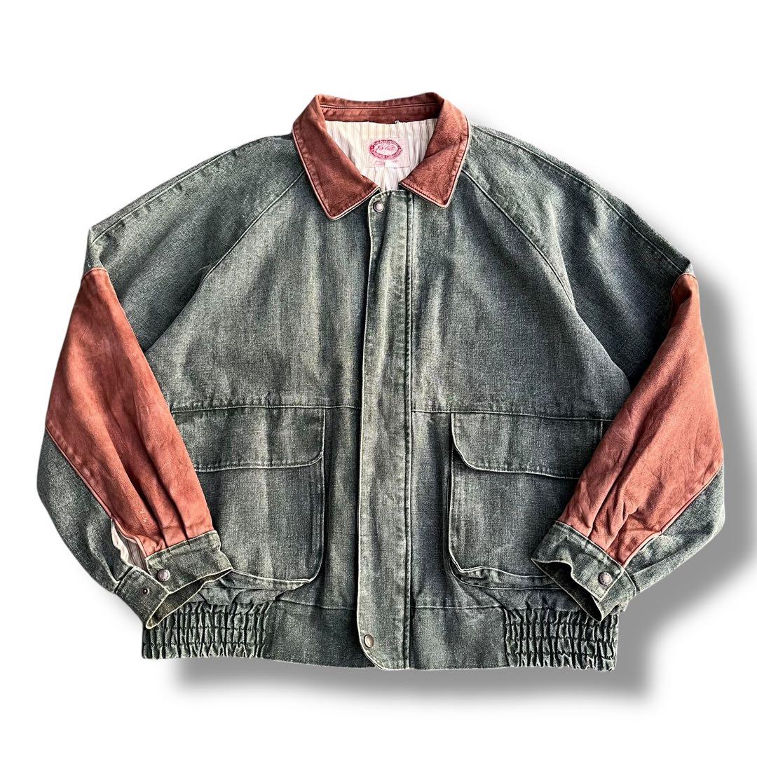 90's vintage デニムブルゾン レザー切り替え ハリントンジャケット