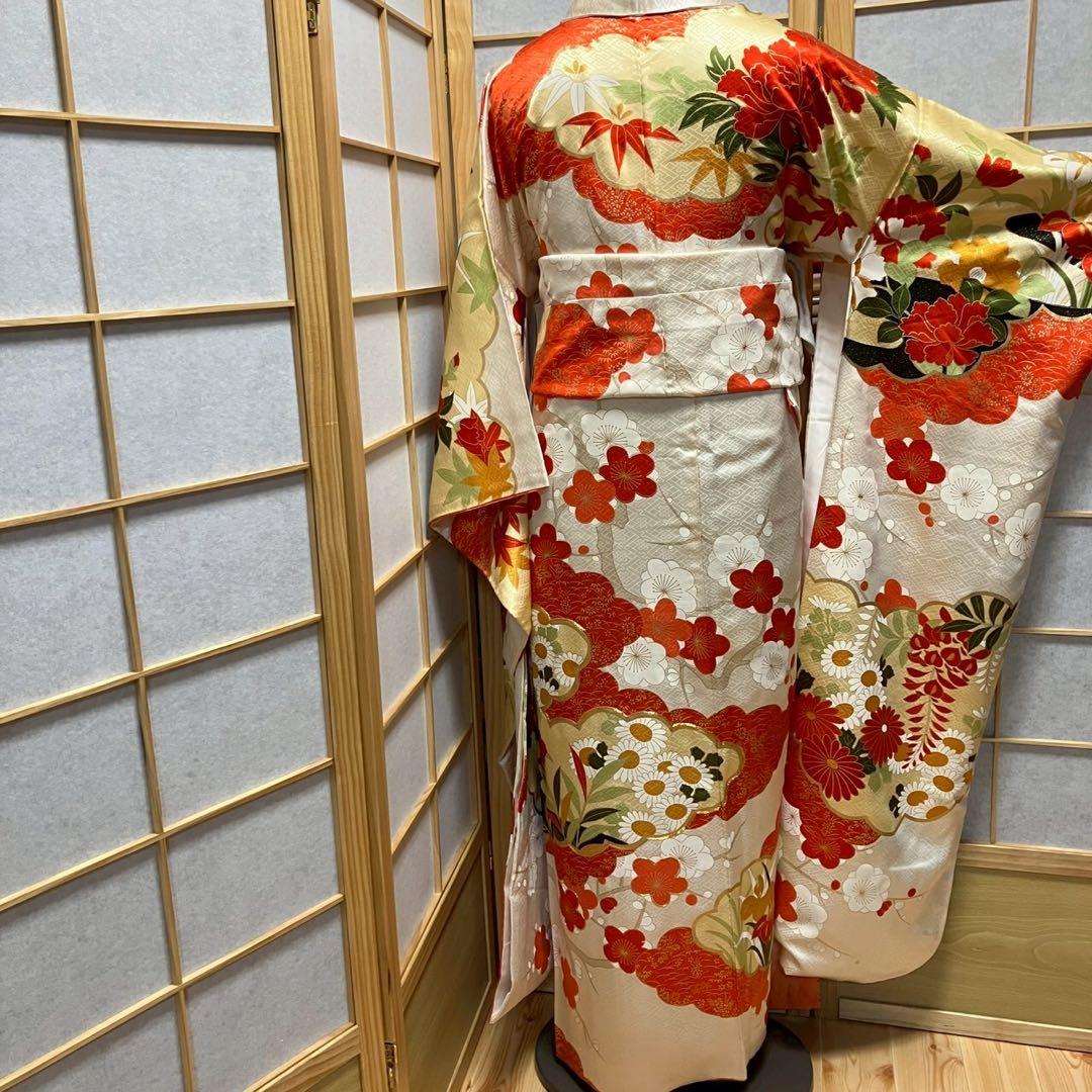 7180］振袖 4点セット 草花文 駒刺繍 成人式 卒業式 正絹 着物 袷 -