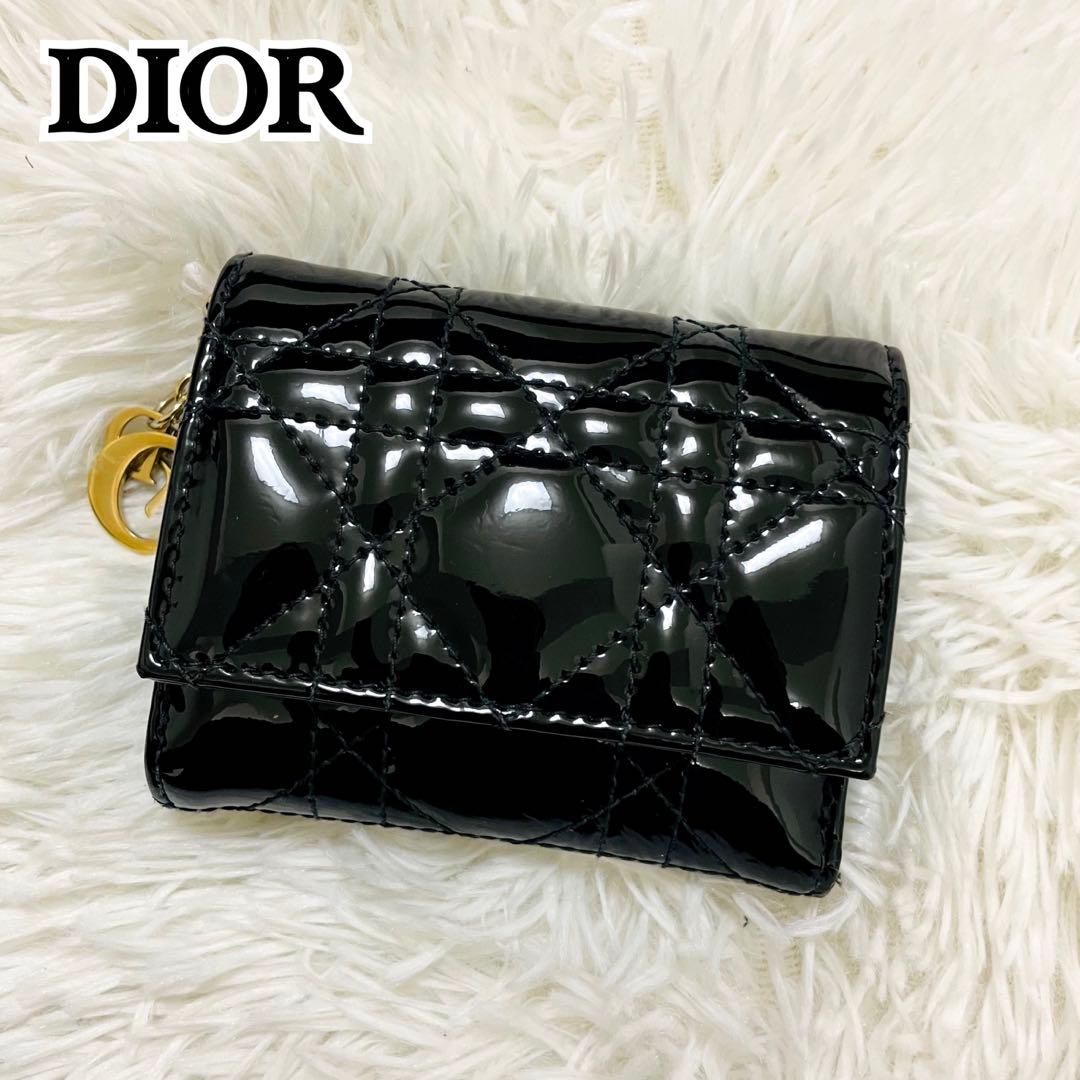 極美✨ディオール 三つ折り財布 エナメル カナージュ ロータス 黒 現行