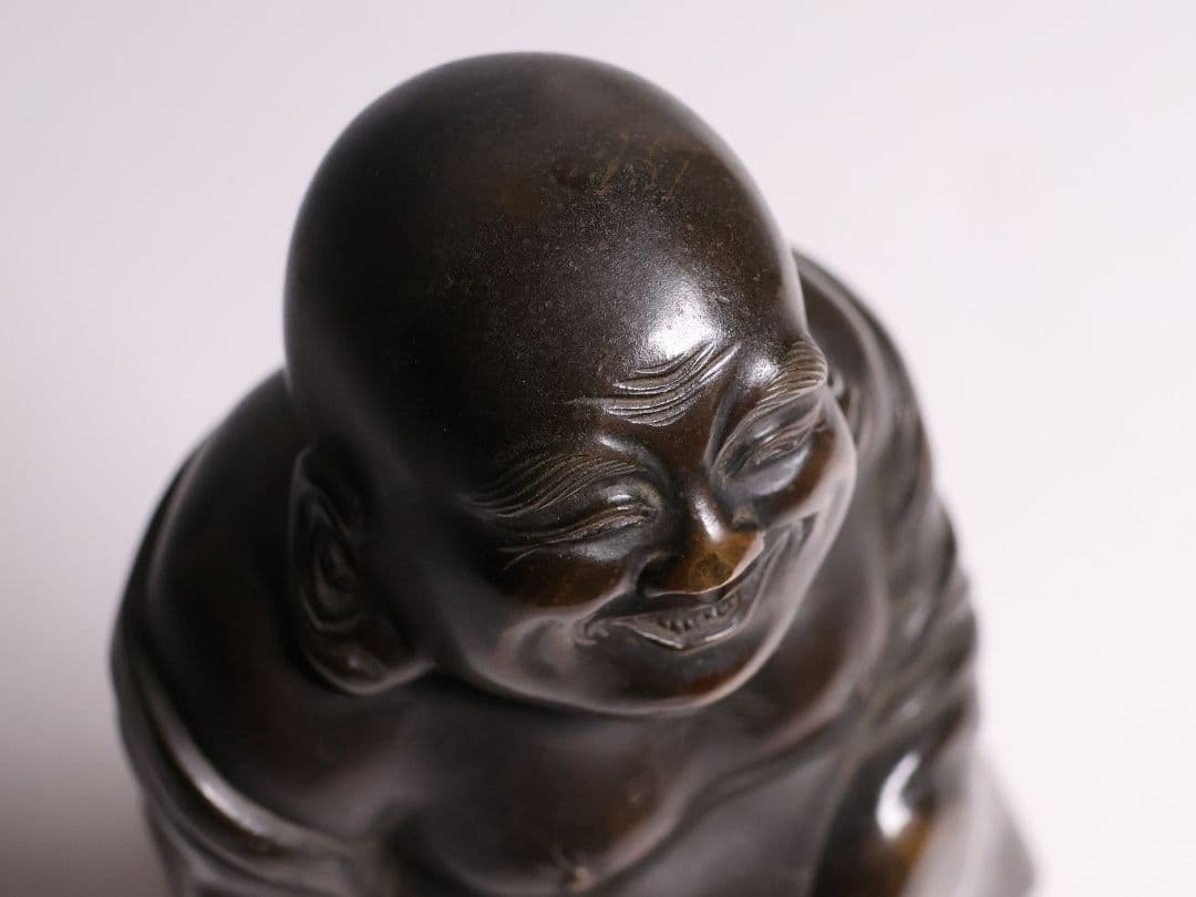 時代 銅製 晴珉造 布袋像 18.4cm 明治金工 置物 七福神 縁起【M415