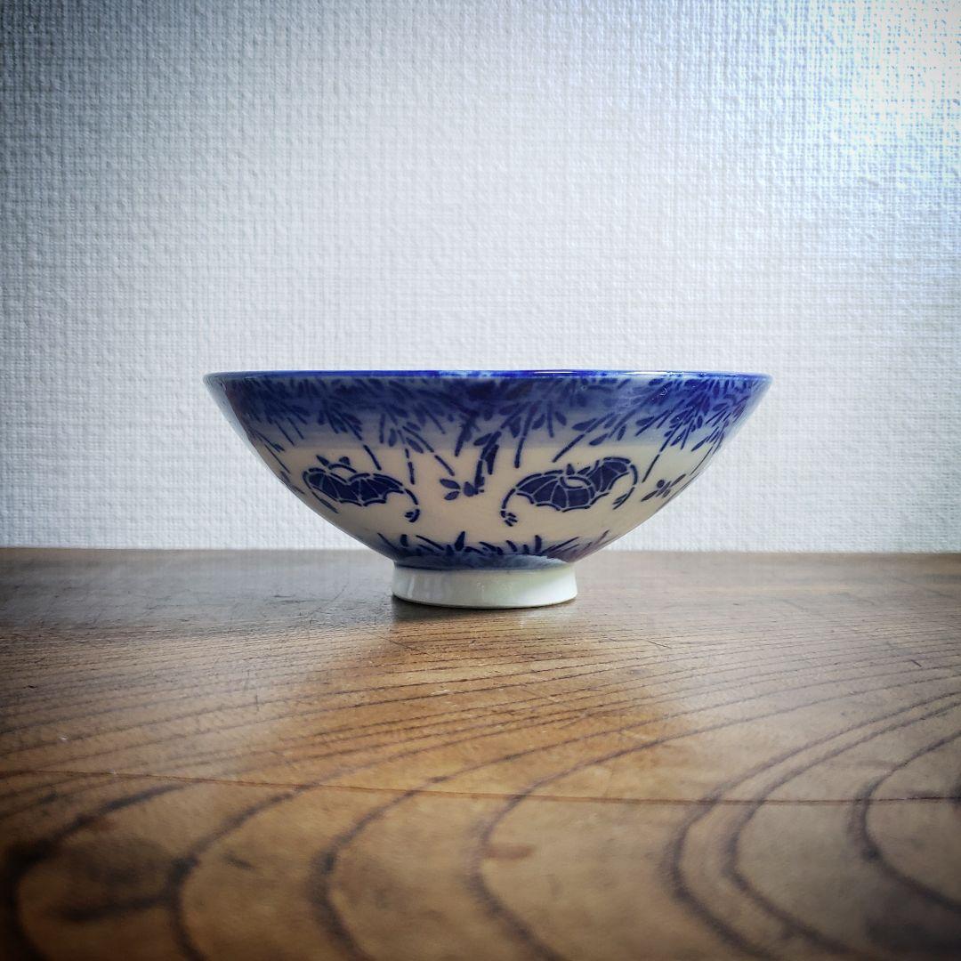 茶碗ご飯茶碗染付印判希少コウモリ大正昭和初期貫入
