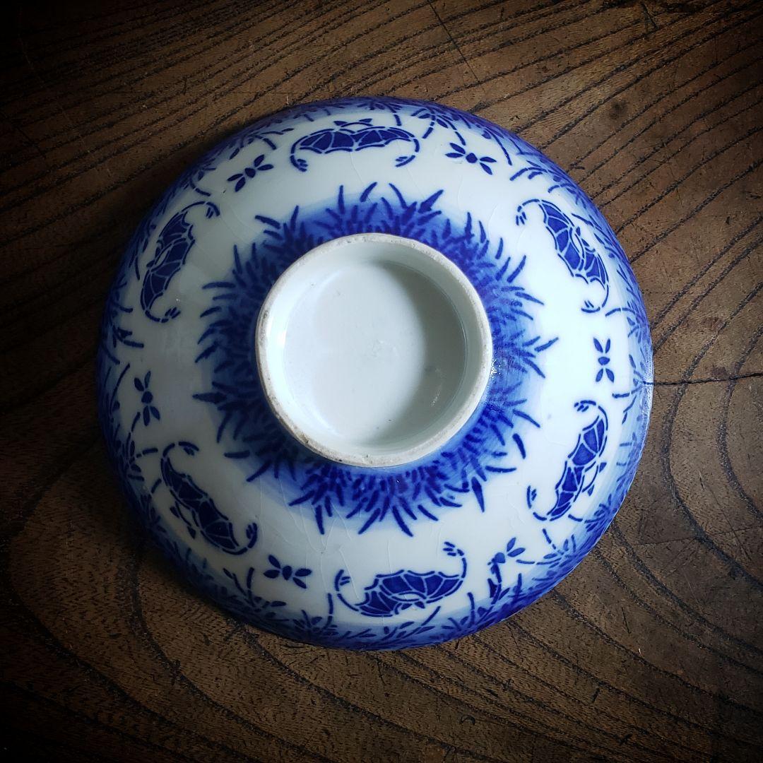 茶碗ご飯茶碗染付印判希少コウモリ大正昭和初期貫入