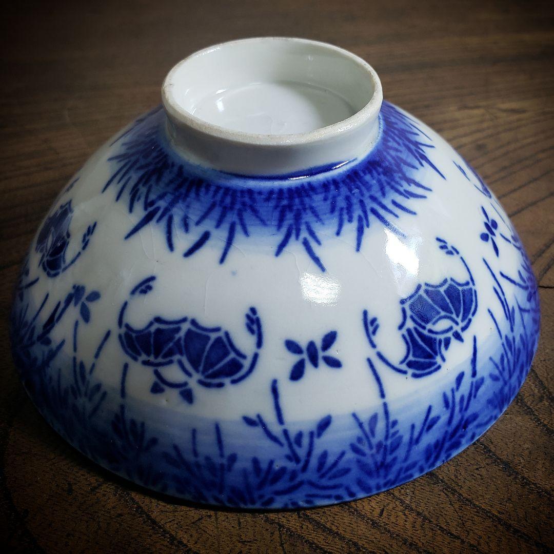 茶碗ご飯茶碗染付印判希少コウモリ大正昭和初期貫入