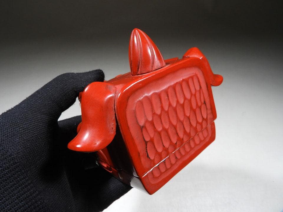 ●志路川作 国宝重要文化財 日光社寺古材 本朱漆塗 獅子頭 小箱 灰皿 正月最適