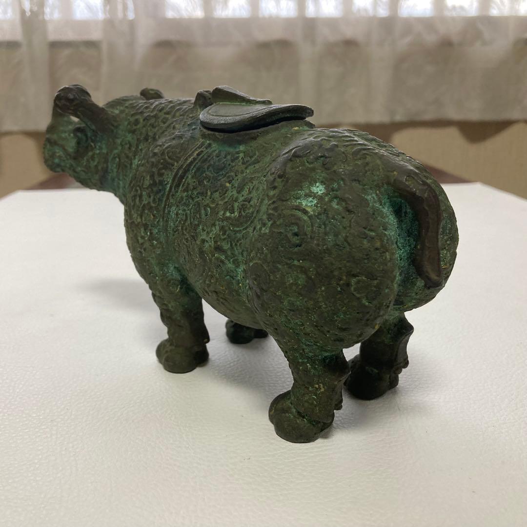 古いサイの置物 動物 銅製 オブジェ 香炉 工芸品 古美術 骨董品 レトロ｜