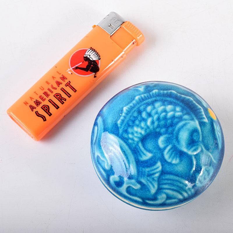 茶道具　萬古焼　加賀瑞山造　トルコ釉　荒磯魚文香合　共箱　V　7150