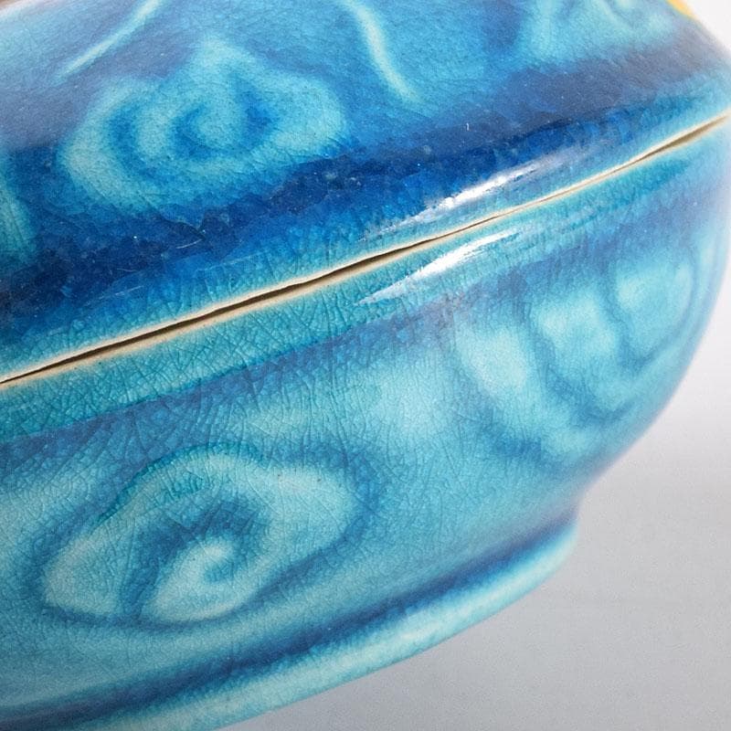 茶道具　萬古焼　加賀瑞山造　トルコ釉　荒磯魚文香合　共箱　V　7150