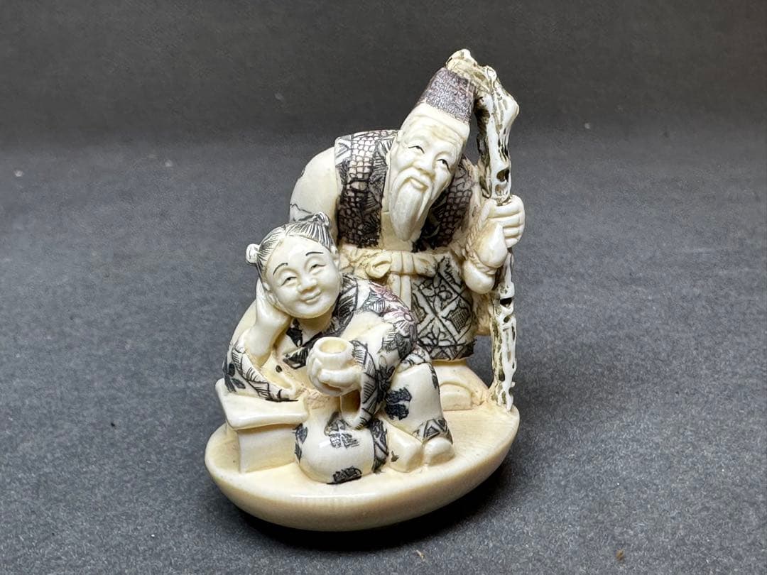 極上根付面と唐子天然素材アンティーク和彫置物骨董飾り物古美術品