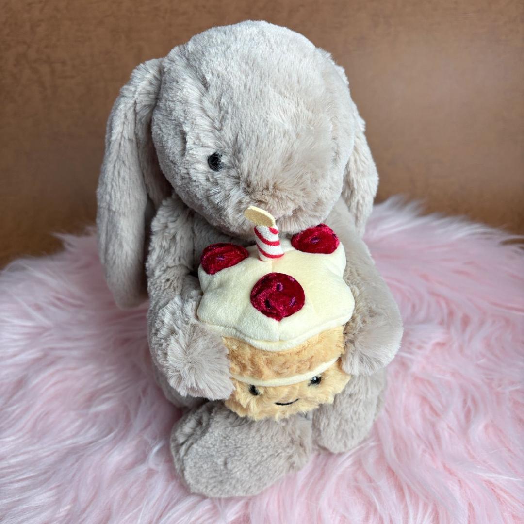 新品　ジェリーキャット　バシュフルバニーベージュ　誕生日ケーキ　ぬいぐるみ　袋付