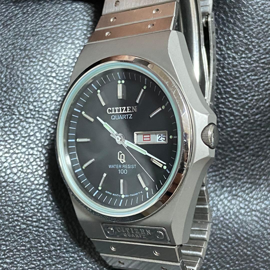 シチズン オールドクォーツ ブラックダイアル ガラス傷無し ロゴプレート 極美品