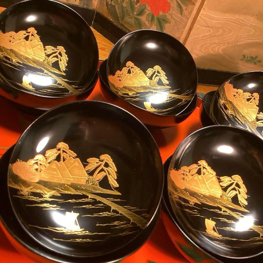 A1009 木製輪島塗 黒塗艶消 千鳥 景色紋様蒔絵 5客の通販はau PAY