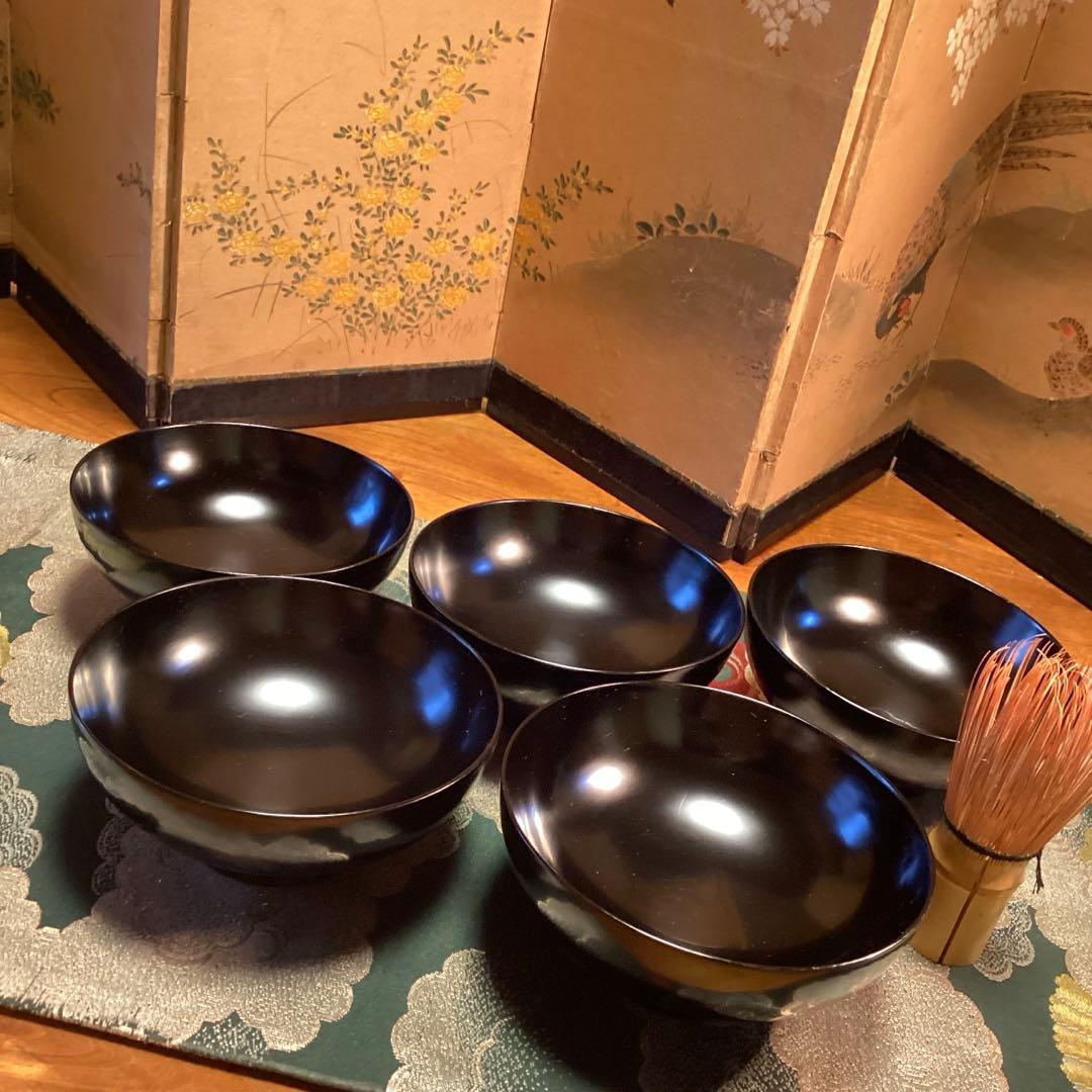 A1009 木製輪島塗 黒塗艶消 千鳥 景色紋様蒔絵 5客 セイロ単品 ほう