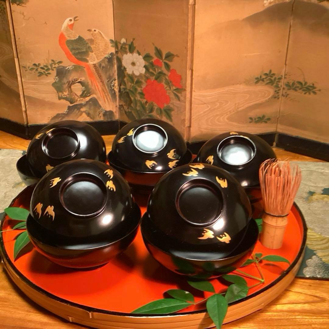 A1009 木製輪島塗 黒塗艶消 千鳥 景色紋様蒔絵 5客の通販はau PAY