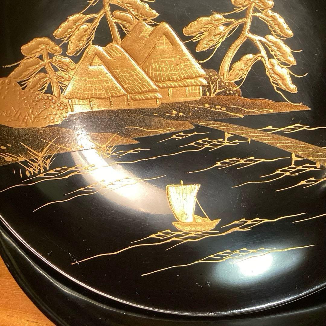 A1009 木製輪島塗 黒塗艶消 千鳥 景色紋様蒔絵 5客 セイロ単品 ほう