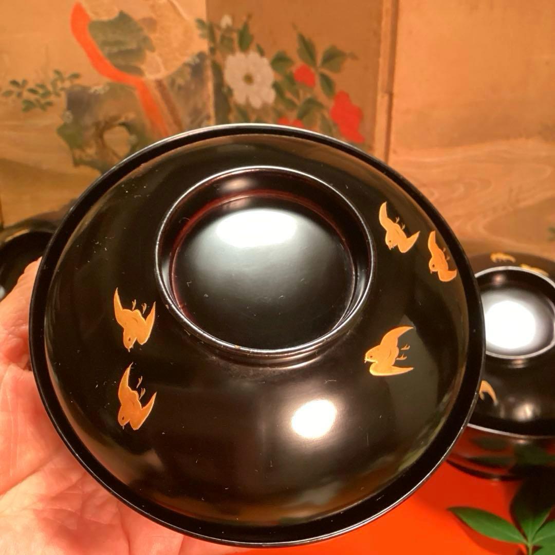 A1009 木製輪島塗 黒塗艶消 千鳥 景色紋様蒔絵 5客 セイロ単品 ほう