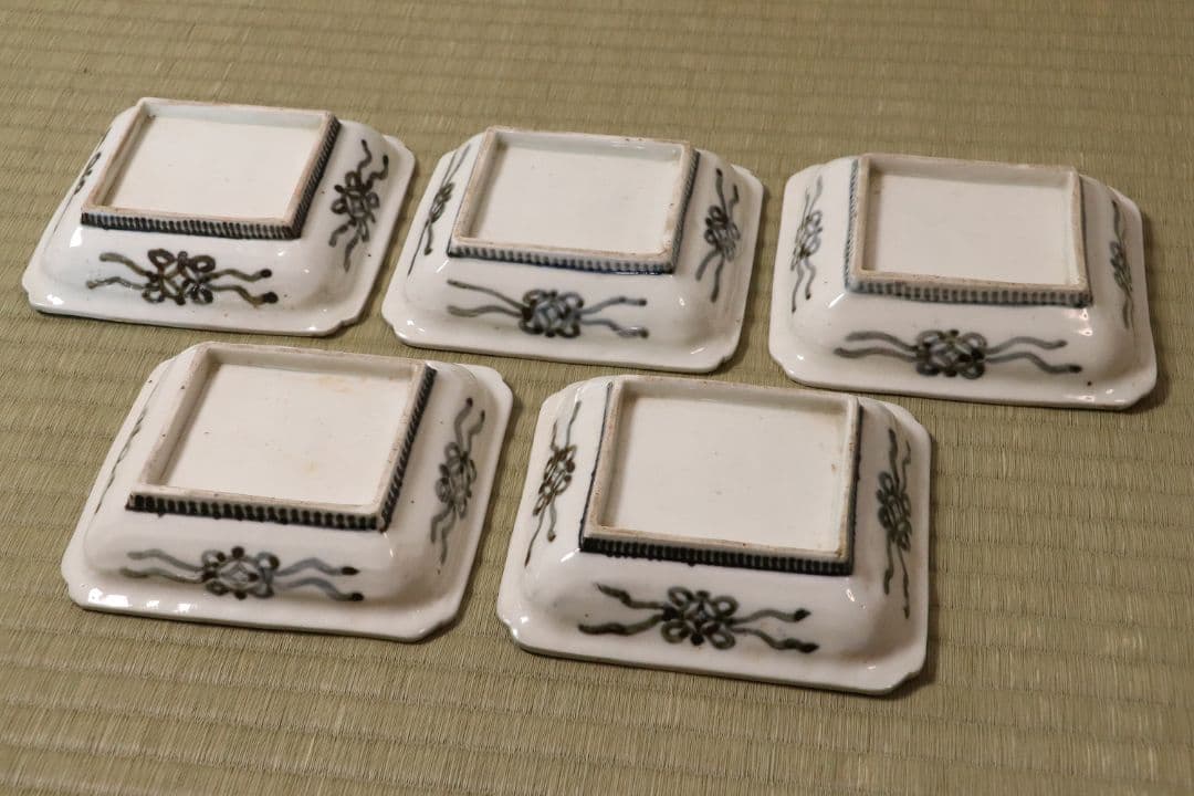 古伊万里 美人図 色絵 角皿 刺身皿 五客 人物 桜 小紋 明治期【MA424