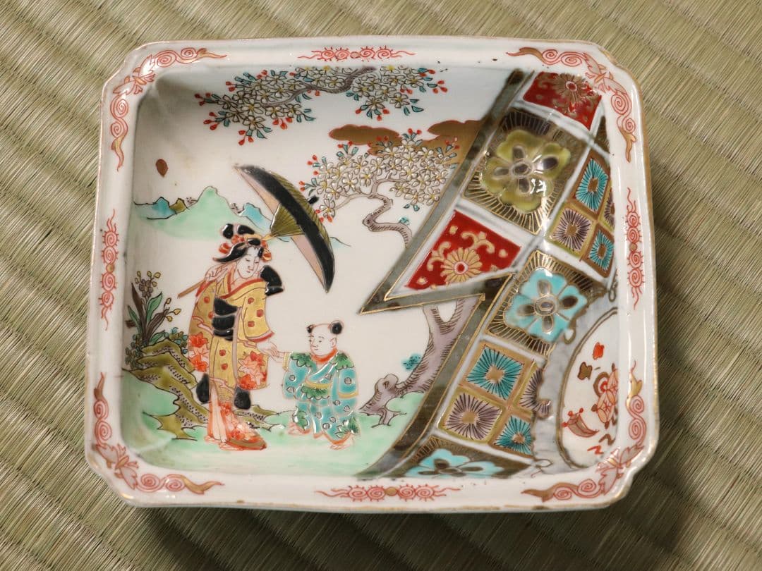 古伊万里 美人図 色絵 角皿 刺身皿 五客 人物 桜 小紋 明治期【MA424