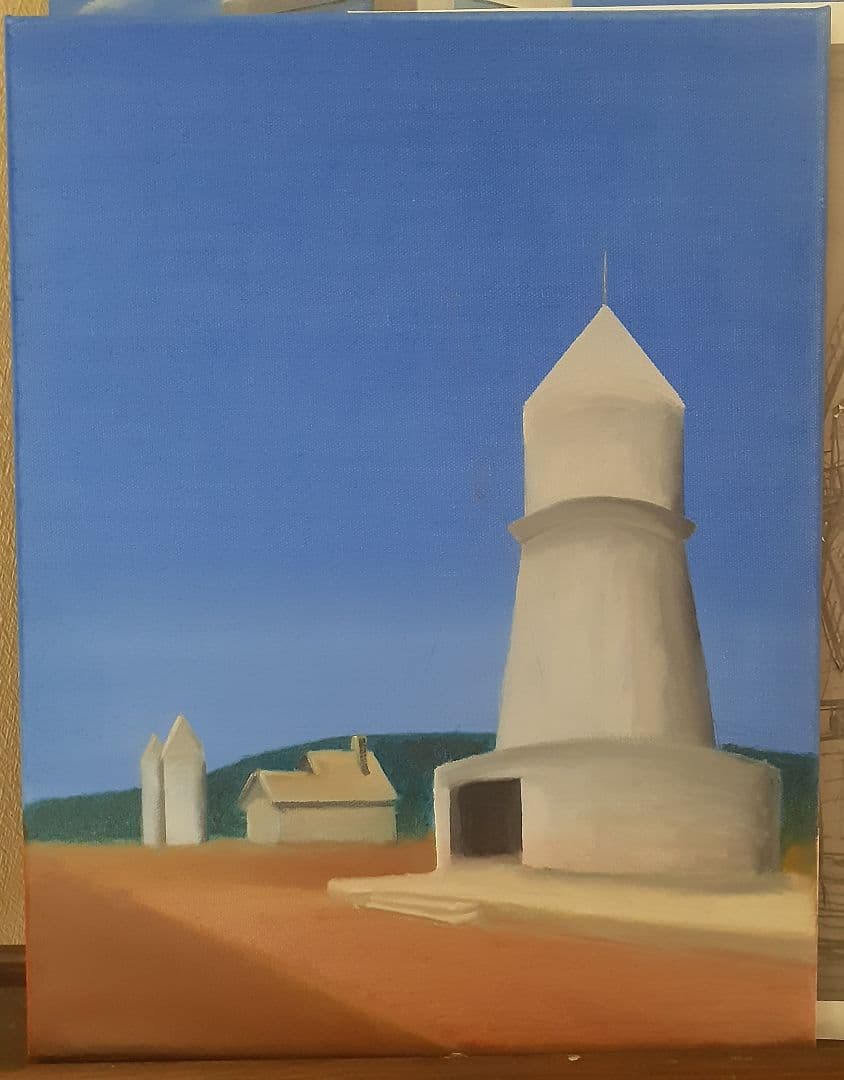 油絵　「白い風車小屋」サイズF6