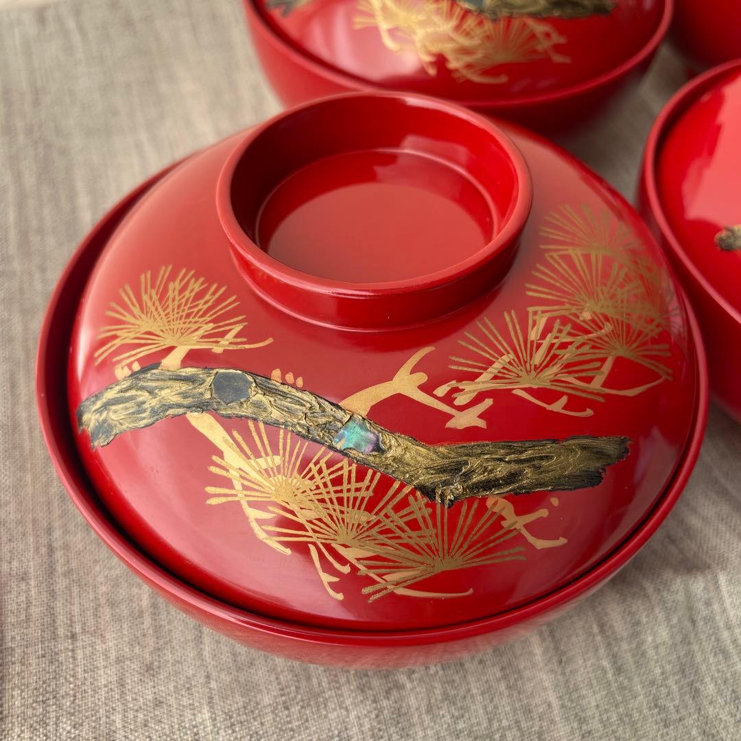 木製 螺鈿 手描き 漆塗 お椀 老松 ５個セット 加賀藩 山中塗？