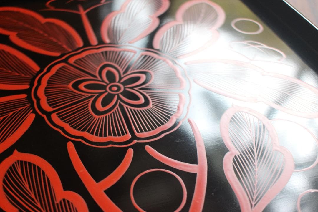 時代逸品！端正な黒漆に優美な木芙蓉文の映える隅切四方折敷（検京塗吉野塗お盆お膳