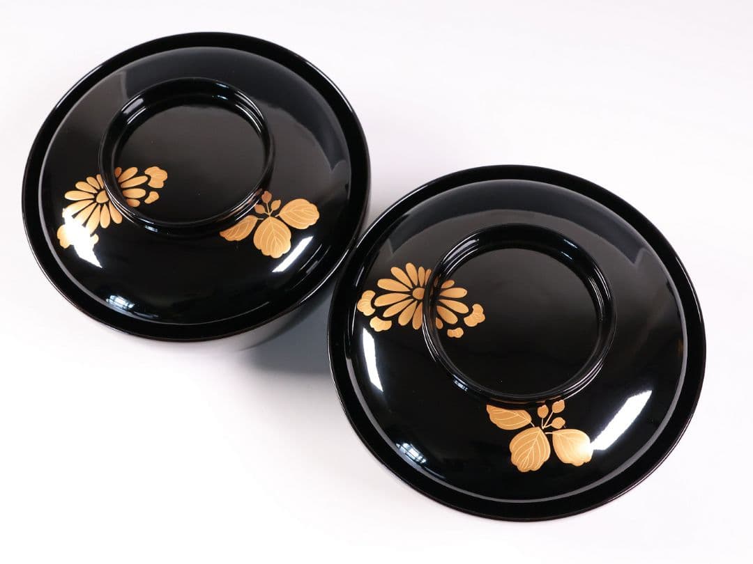 【CM397】天然木漆塗 菊桐鳳凰金蒔絵 黒塗 煮物椀 二客 昭和期 木製漆器