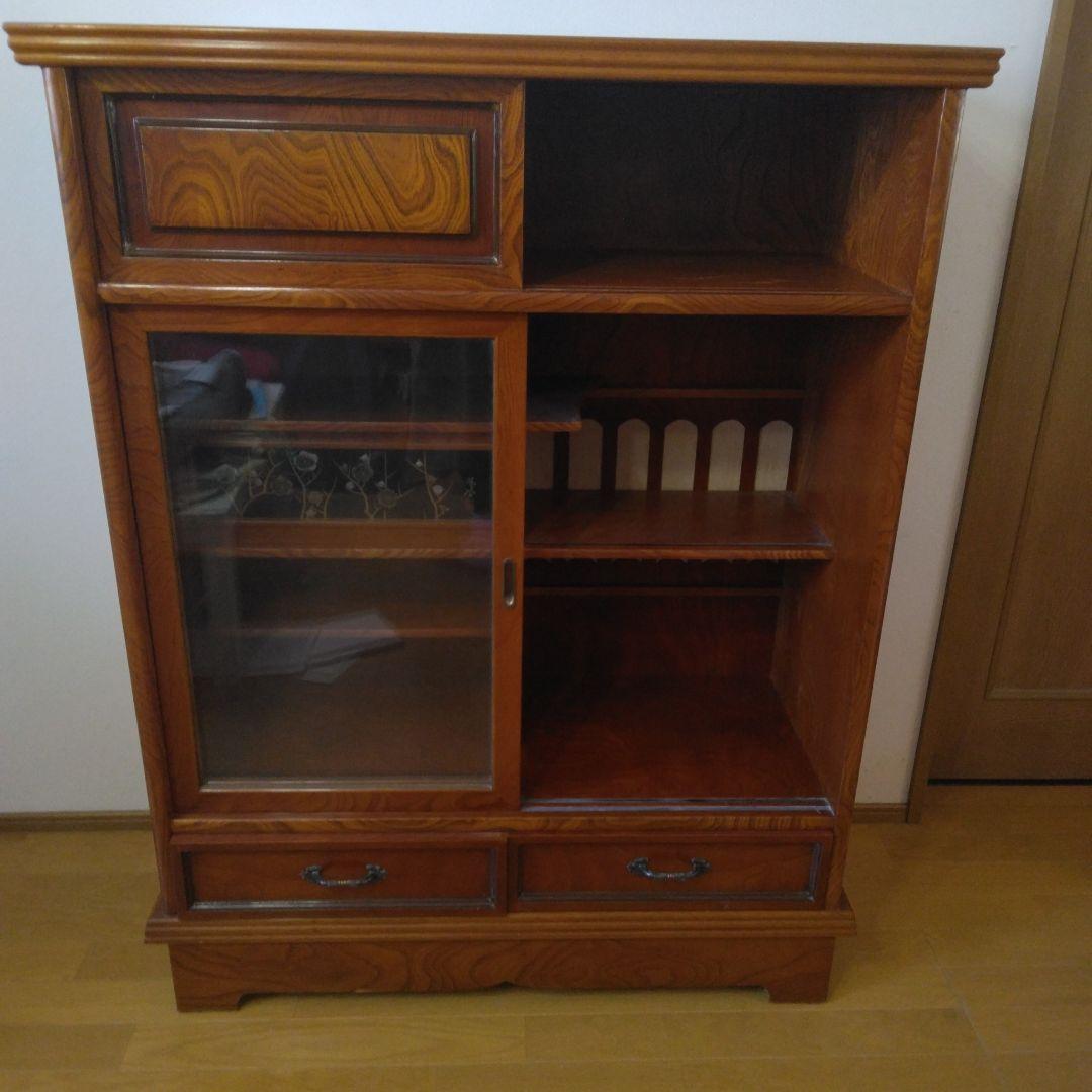 ブラウン木製食器棚 ガラス扉付き キャビネット 片開き ガラス戸