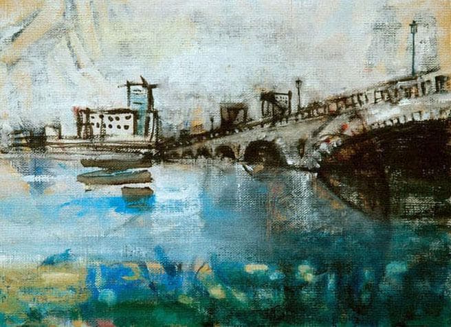 油絵 菅家令子 絵 絵画インテリア額付(黒) F4-090914 風景万代橋新潟