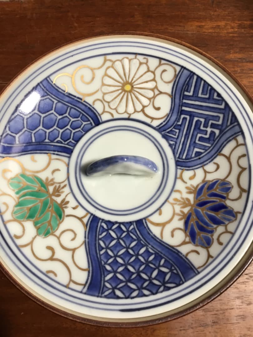 骨董市 アンティーク 茶道具 水指 京焼 葵 菊 亀甲 金 青