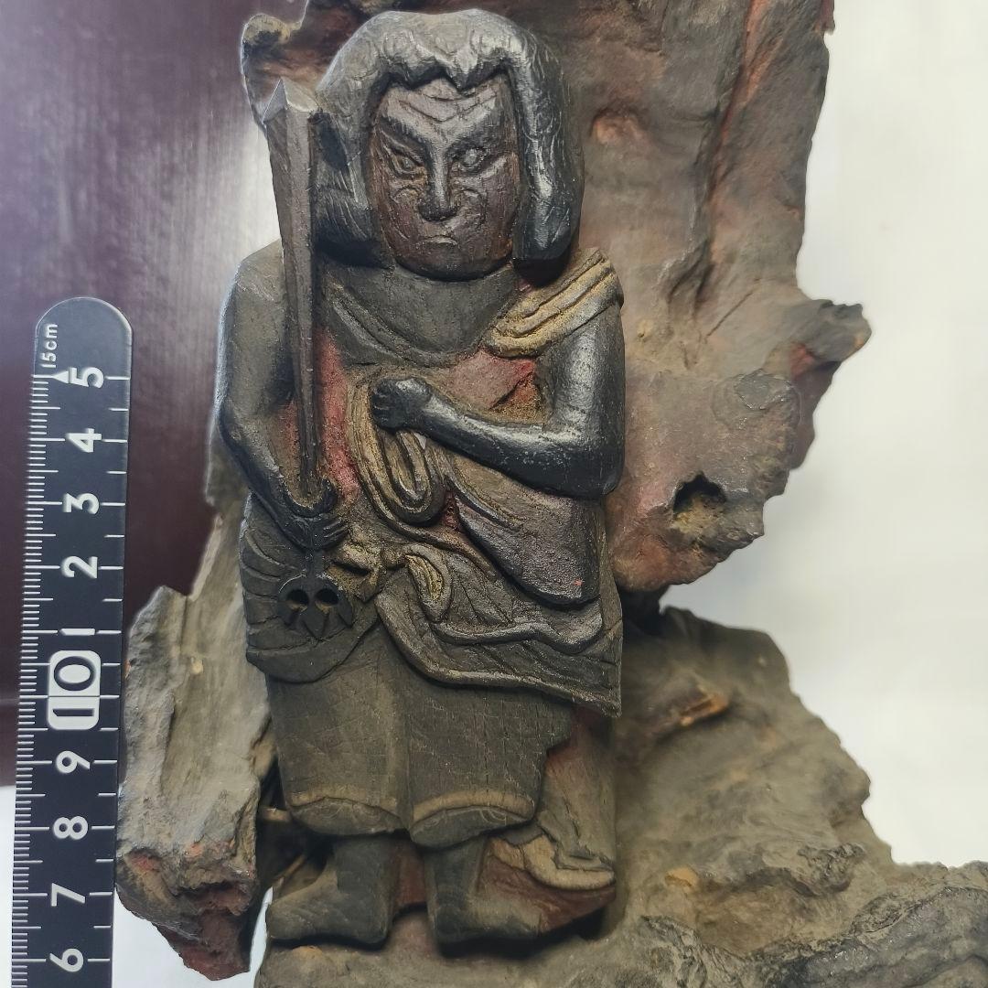 不動明王像 木彫り 樹根彫り光背 江戸骨董 桐箱付 仏教美術