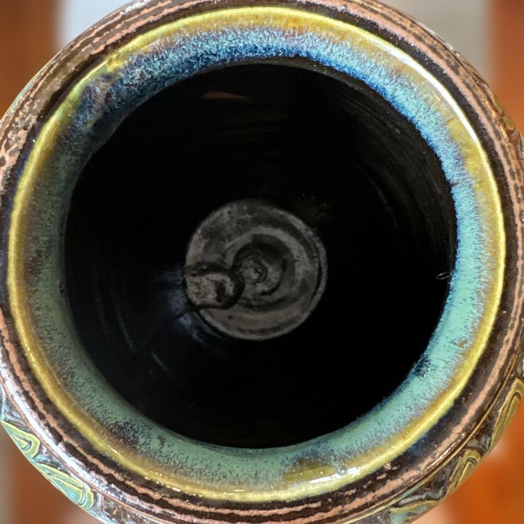 壺屋焼 緑釉唐草掻き落とし 大壺 ※高さ 24㎝ ※横（