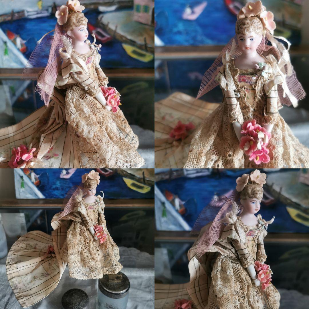 アンティークドイツ 美しい花嫁ミレットビスクドール 薔薇絹ほぐし織り
