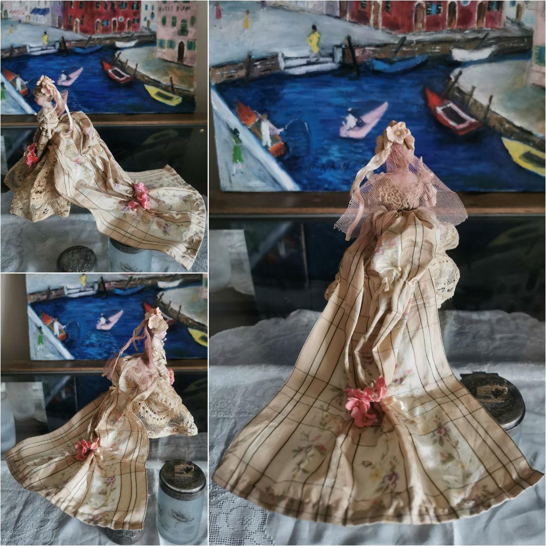 アンティークドイツ 美しい花嫁ミレットビスクドール 薔薇絹ほぐし織り