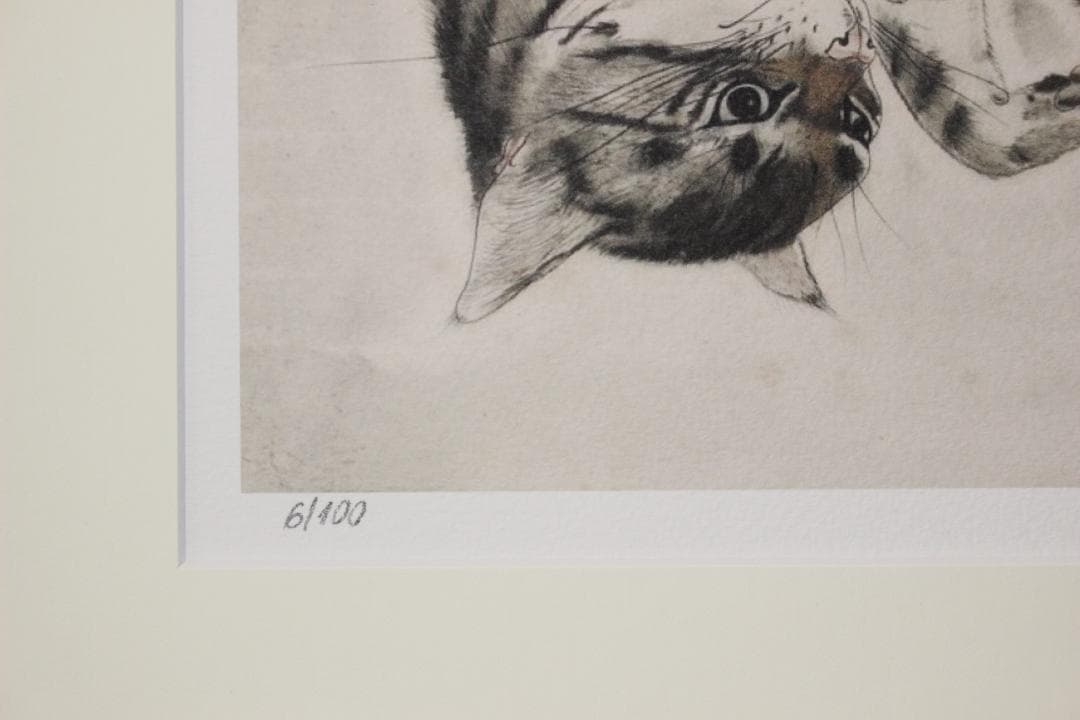 藤田嗣治 エスタンプリトグラフ「仰向けの猫」 100部限定 6/100｜