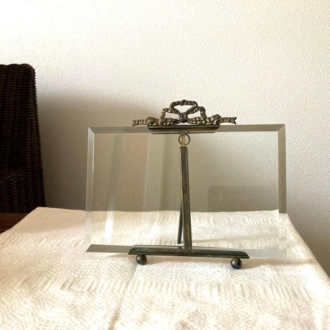 フランスアンティーク ガラスと真鍮 リボンモチーフのフレーム希少サイズ